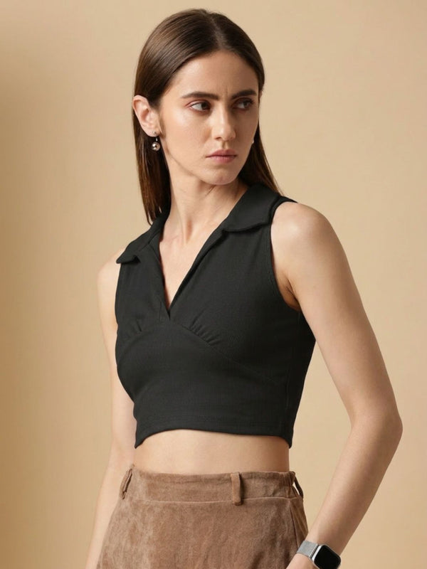 Black ribbed v-neck collar sleeveless crop top
