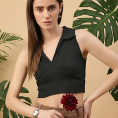 Black ribbed v-neck collar sleeveless crop top
