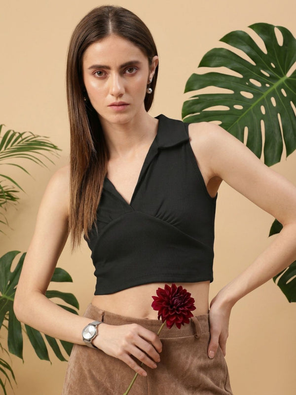 Black ribbed v-neck collar sleeveless crop top