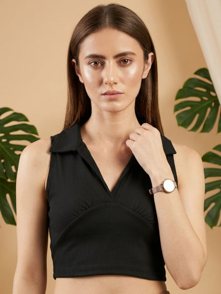 Black ribbed v-neck collar sleeveless crop top