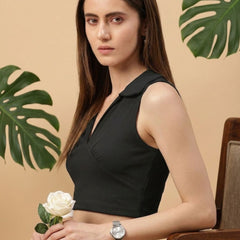 Black ribbed v-neck collar sleeveless crop top