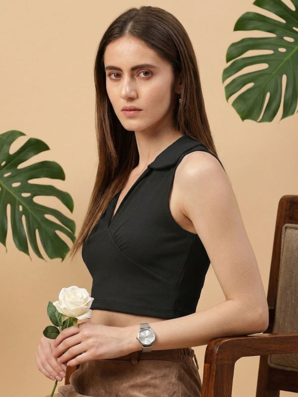 Black ribbed v-neck collar sleeveless crop top
