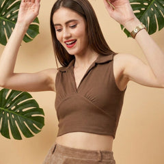 Brown ribbed v-neck collar sleeveless crop top
