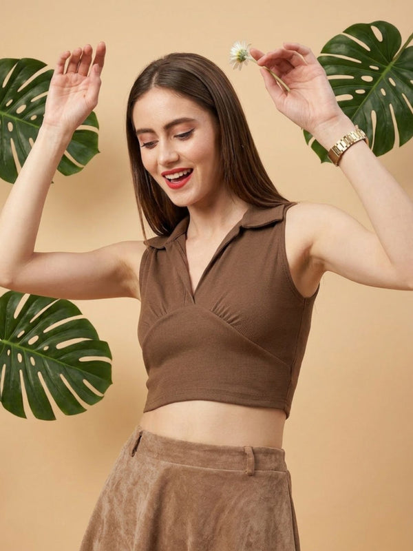 Brown ribbed v-neck collar sleeveless crop top