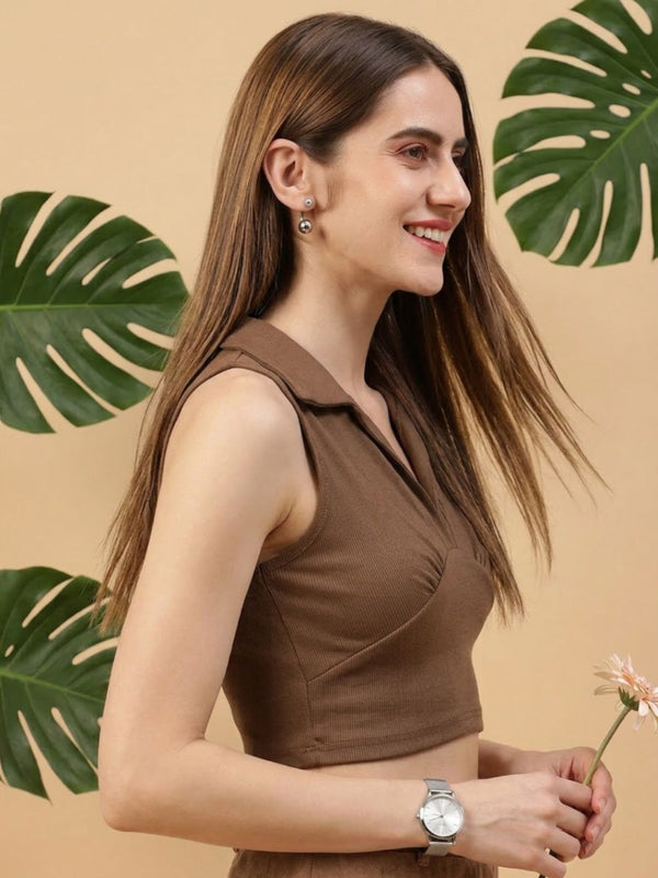Brown ribbed v-neck collar sleeveless crop top