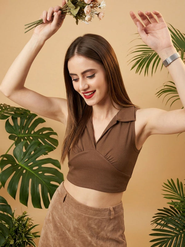 Brown ribbed v-neck collar sleeveless crop top