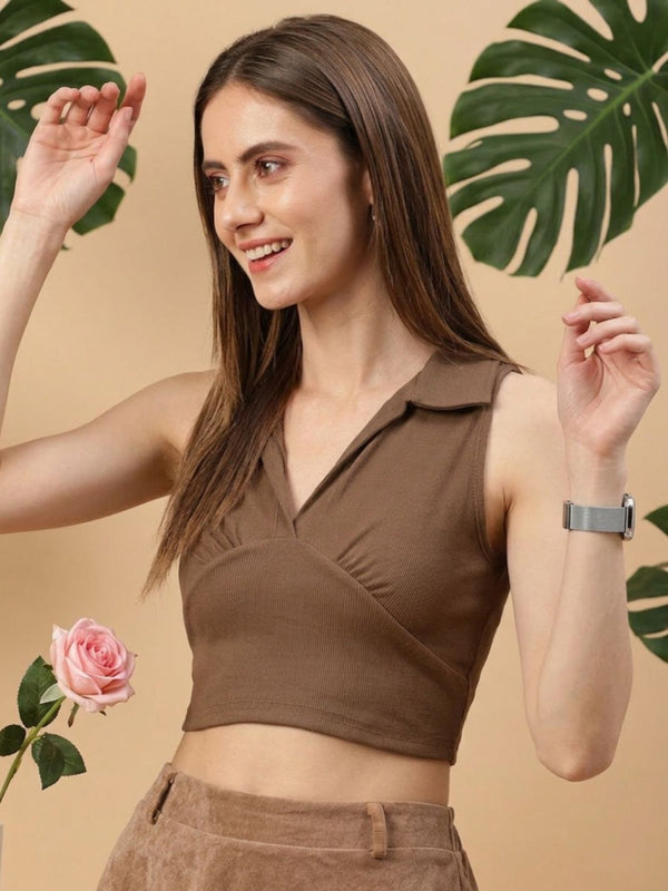 Brown ribbed v-neck collar sleeveless crop top