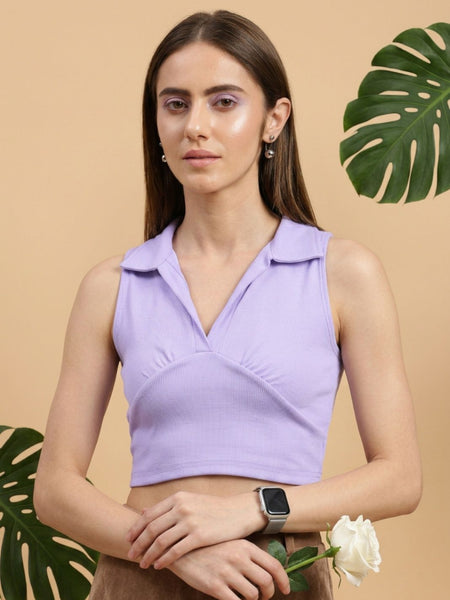 Lavender ribbed v-neck collar sleeveless crop top