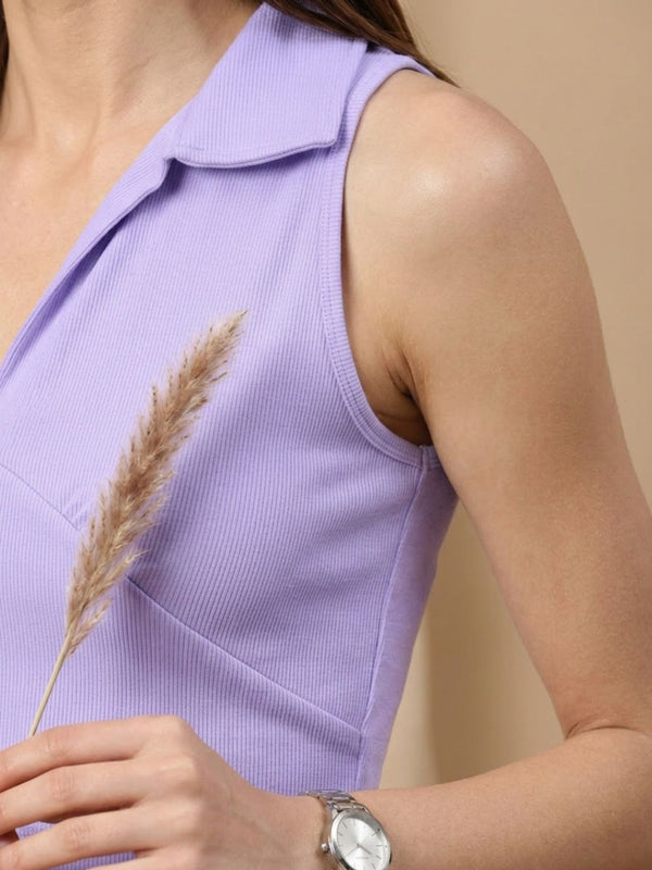 Lavender ribbed v-neck collar sleeveless crop top