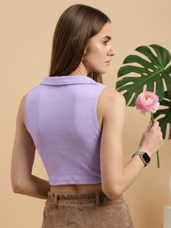 Lavender ribbed v-neck collar sleeveless crop top