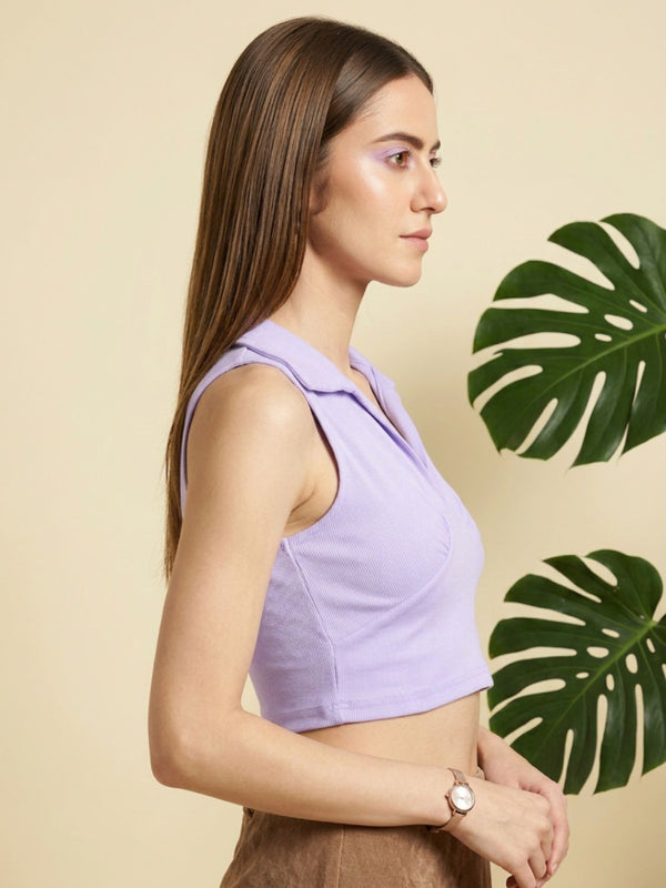 Lavender ribbed v-neck collar sleeveless crop top