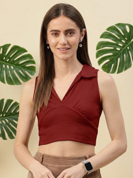Maroon ribbed v-neck collar sleeveless crop top