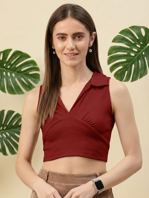 Maroon ribbed v-neck collar sleeveless crop top
