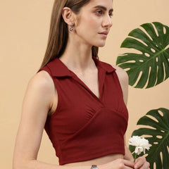 Maroon ribbed v-neck collar sleeveless crop top
