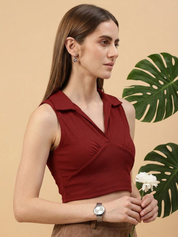 Maroon ribbed v-neck collar sleeveless crop top