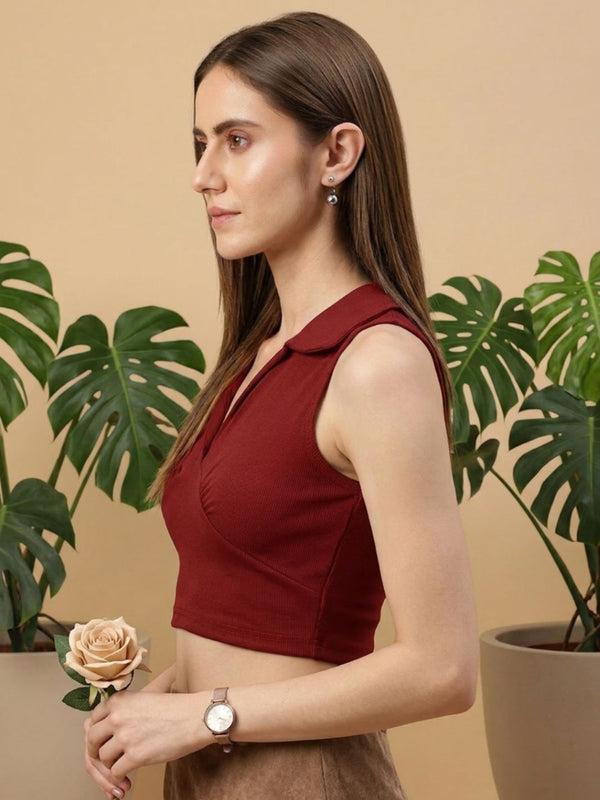 Maroon ribbed v-neck collar sleeveless crop top