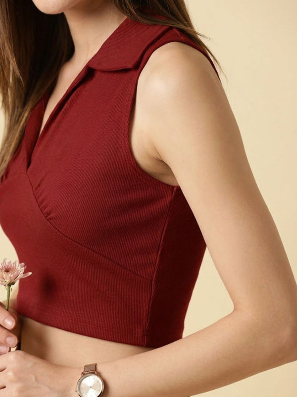 Maroon ribbed v-neck collar sleeveless crop top