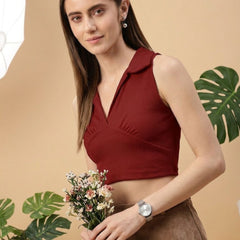 Maroon ribbed v-neck collar sleeveless crop top