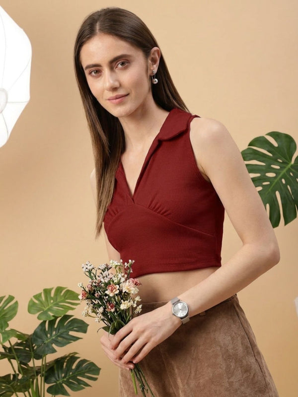 Maroon ribbed v-neck collar sleeveless crop top