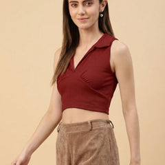 Maroon ribbed v-neck collar sleeveless crop top
