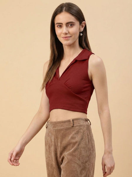 Maroon ribbed v-neck collar sleeveless crop top