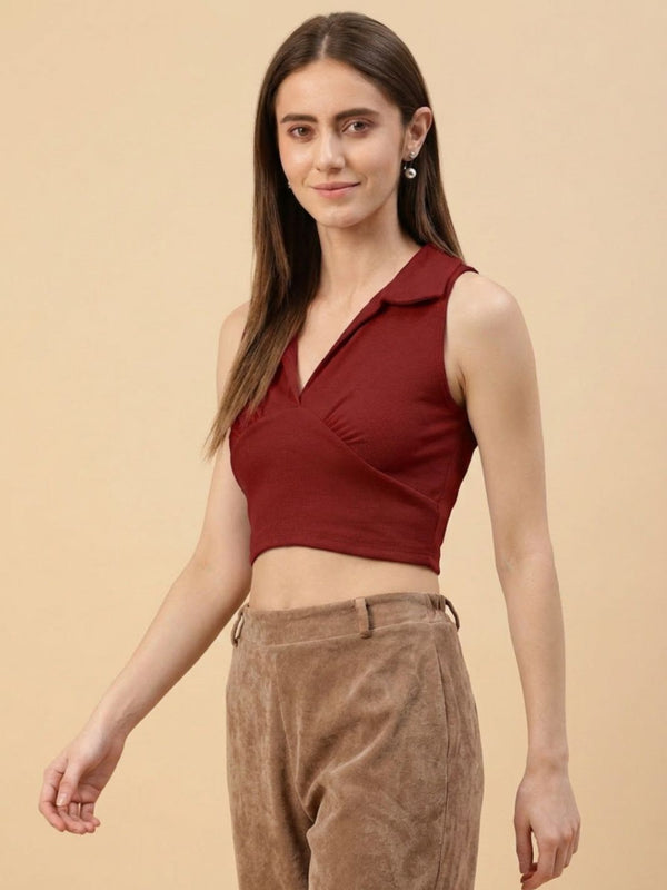 Maroon ribbed v-neck collar sleeveless crop top