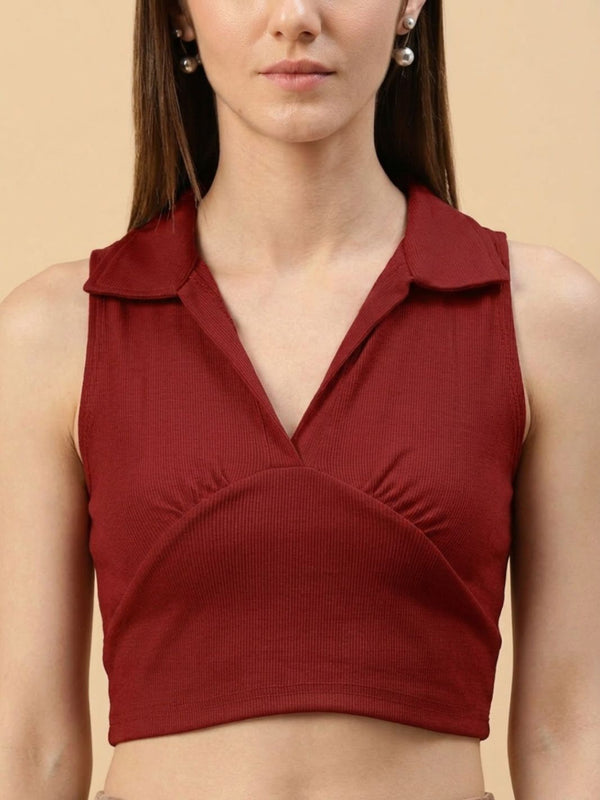 Maroon ribbed v-neck collar sleeveless crop top