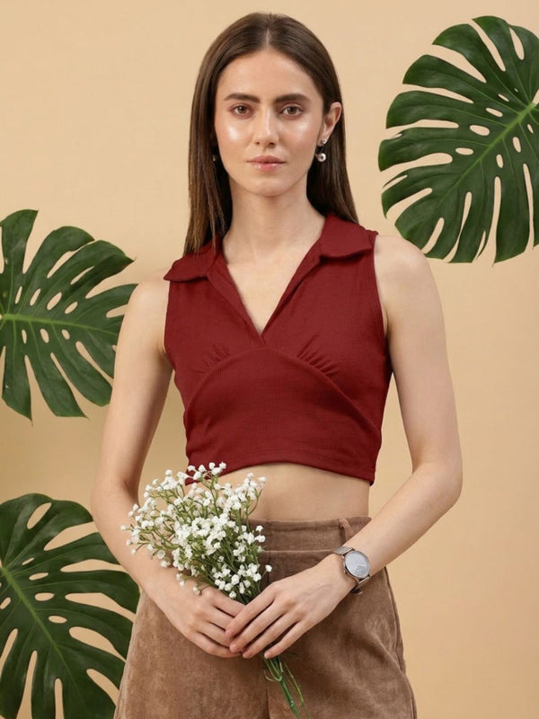 Maroon ribbed v-neck collar sleeveless crop top