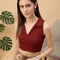 Maroon ribbed v-neck collar sleeveless crop top