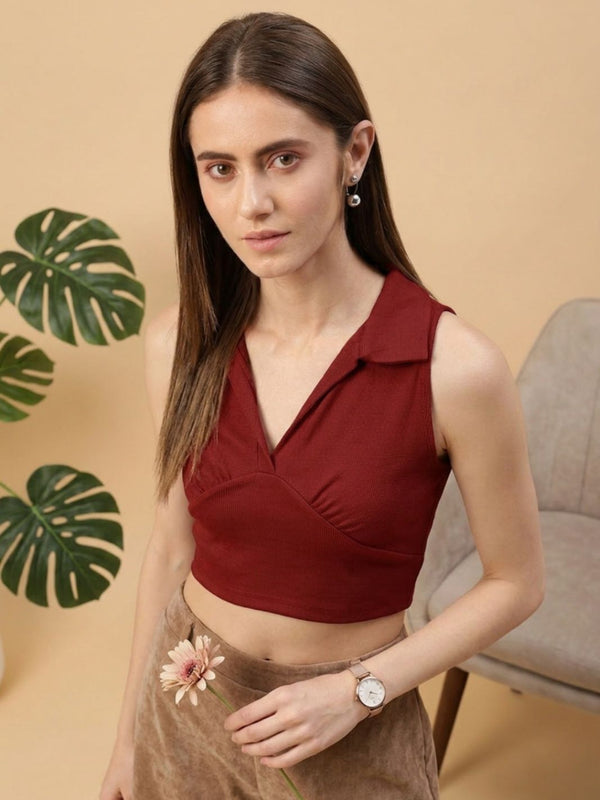 Maroon ribbed v-neck collar sleeveless crop top