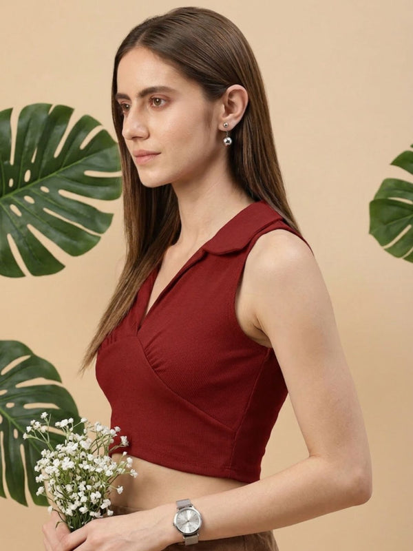 Maroon ribbed v-neck collar sleeveless crop top