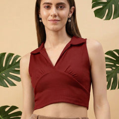 Maroon ribbed v-neck collar sleeveless crop top