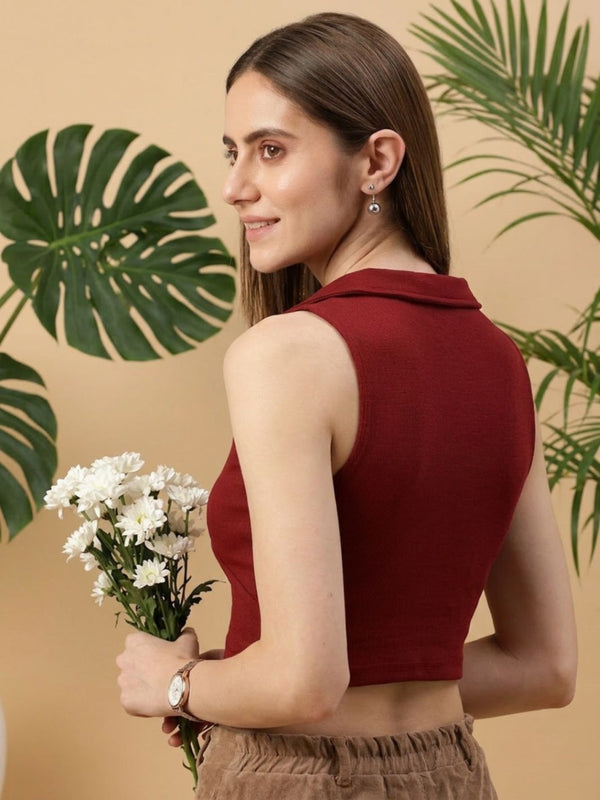 Maroon ribbed v-neck collar sleeveless crop top