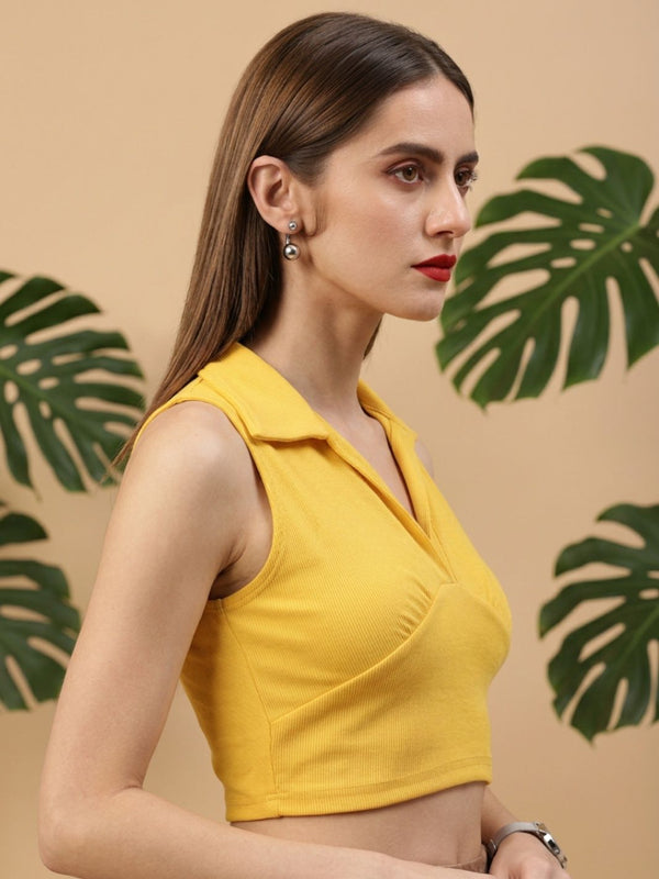Mustard ribbed v-neck collar sleeveless crop top