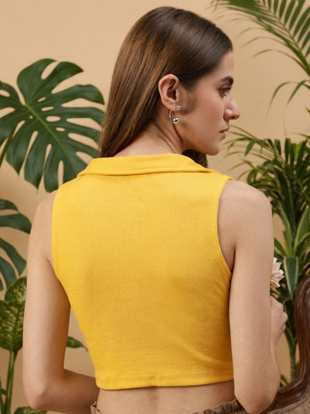 Mustard ribbed v-neck collar sleeveless crop top