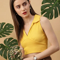 Mustard ribbed v-neck collar sleeveless crop top