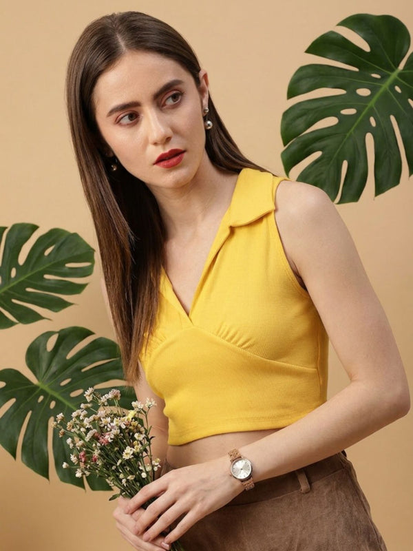 Mustard ribbed v-neck collar sleeveless crop top