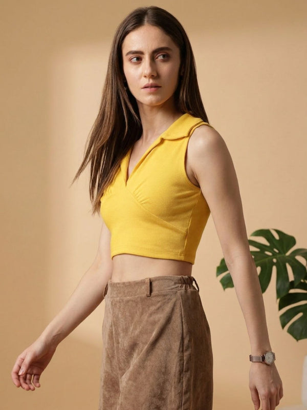 Mustard ribbed v-neck collar sleeveless crop top