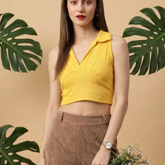 Mustard ribbed v-neck collar sleeveless crop top