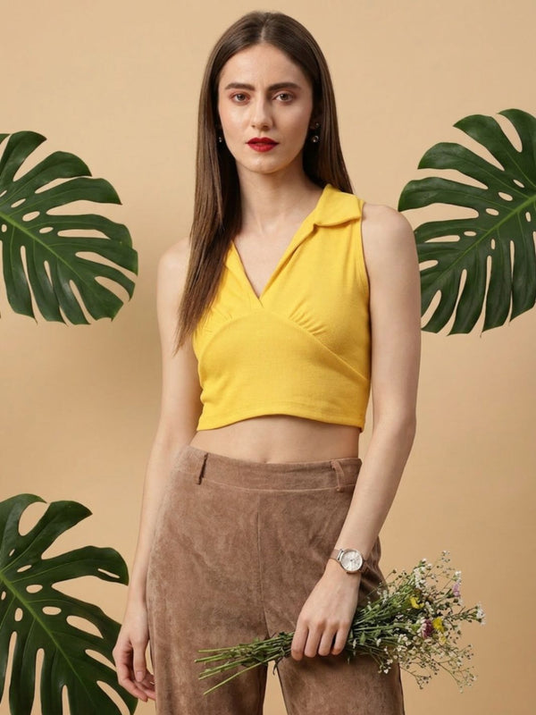 Mustard ribbed v-neck collar sleeveless crop top