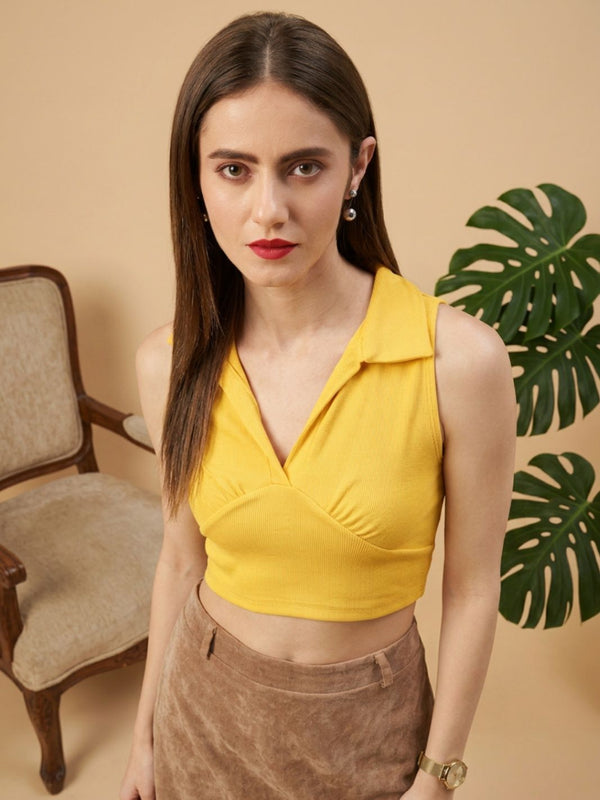 Mustard ribbed v-neck collar sleeveless crop top