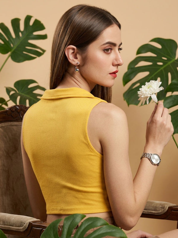 Mustard ribbed v-neck collar sleeveless crop top