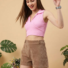 Pink ribbed v-neck collar sleeveless crop top