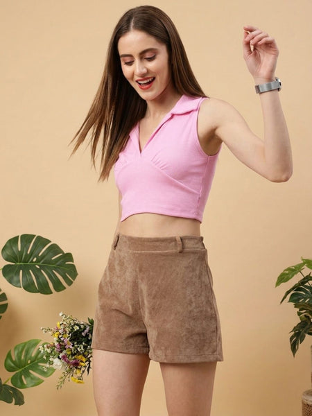Pink ribbed v-neck collar sleeveless crop top