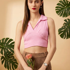 Pink ribbed v-neck collar sleeveless crop top