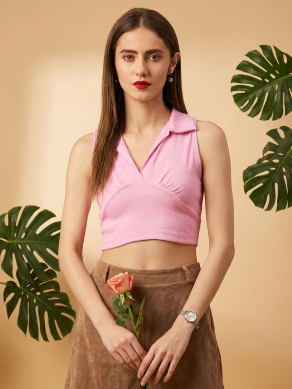 Pink ribbed v-neck collar sleeveless crop top