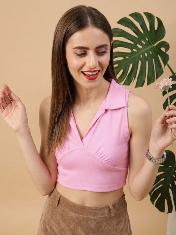 Pink ribbed v-neck collar sleeveless crop top