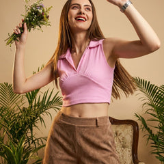 Pink ribbed v-neck collar sleeveless crop top