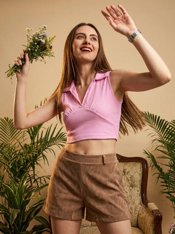 Pink ribbed v-neck collar sleeveless crop top