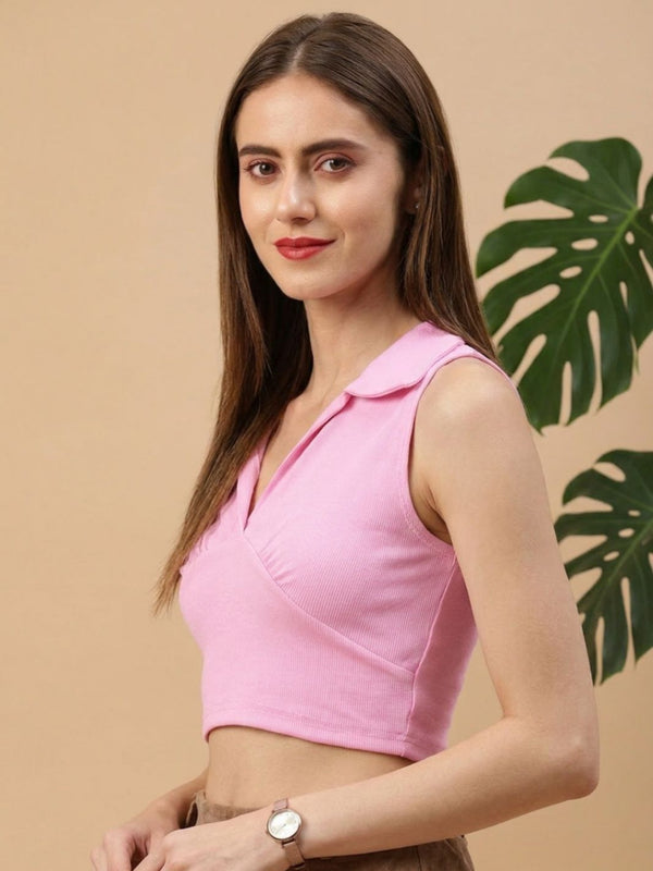 Pink ribbed v-neck collar sleeveless crop top